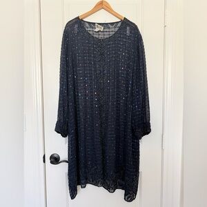 Vintage Navy Blue Sequin Beaded Flapper Dress Duster Jacket Gatsby Art Deco